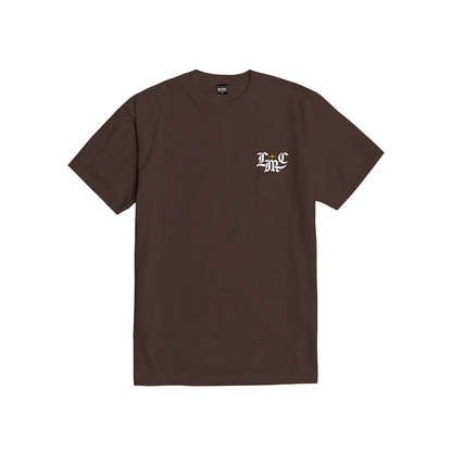Brown t-shirt with a logo on the chest against a white background