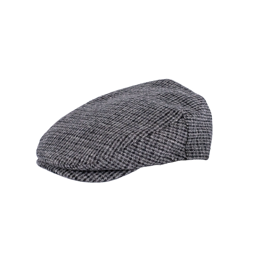 Gray checkered flat cap on a white background