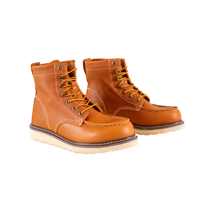 Pair of brown leather boots with yellow laces on a white background