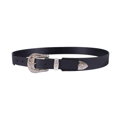 Black belt with silver buckle on a white background