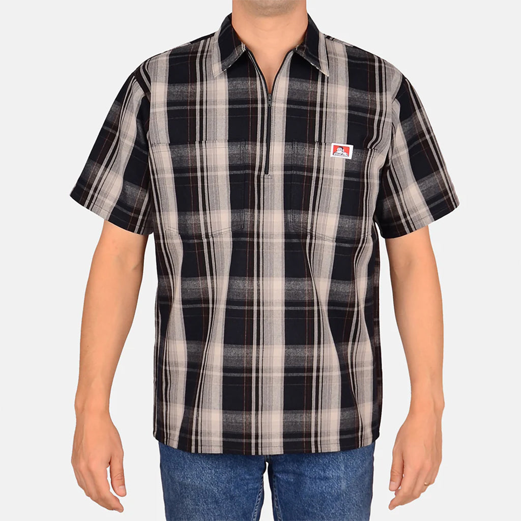 Half Zip Short Sleeve Navy & Grey Plaid