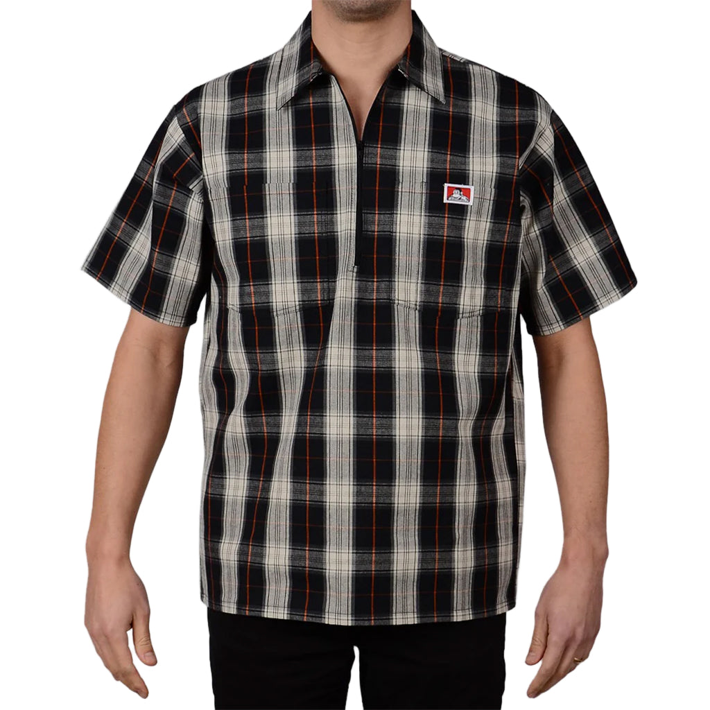 Half Zip Short Sleeve Black & Cream Plaid