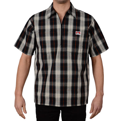 Half Zip Short Sleeve Black & Cream Plaid