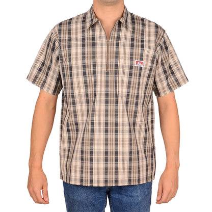 Model wearing Half Zip in Khaki Grey Plaid