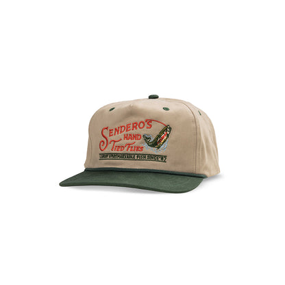 Beige and green cap with embroidered text and logo on a white background