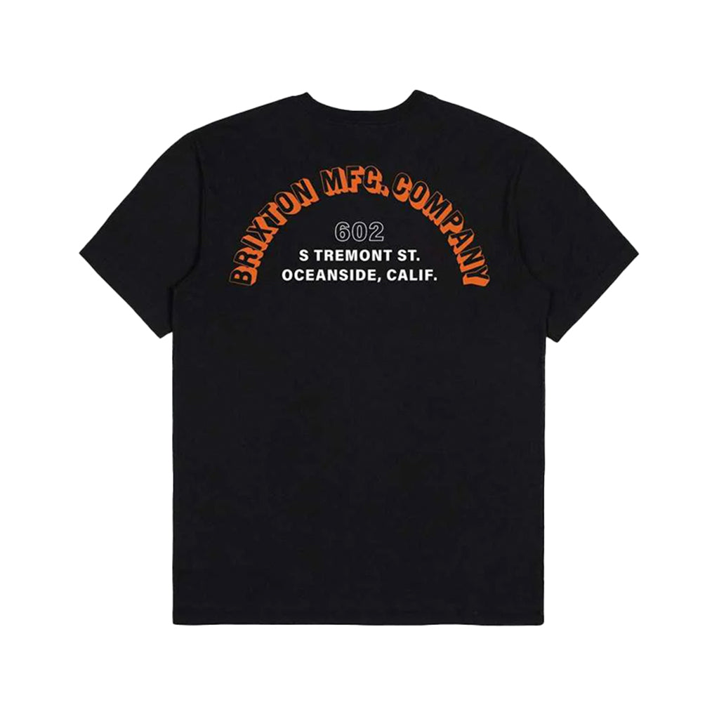Black t-shirt with orange and white text on a white background