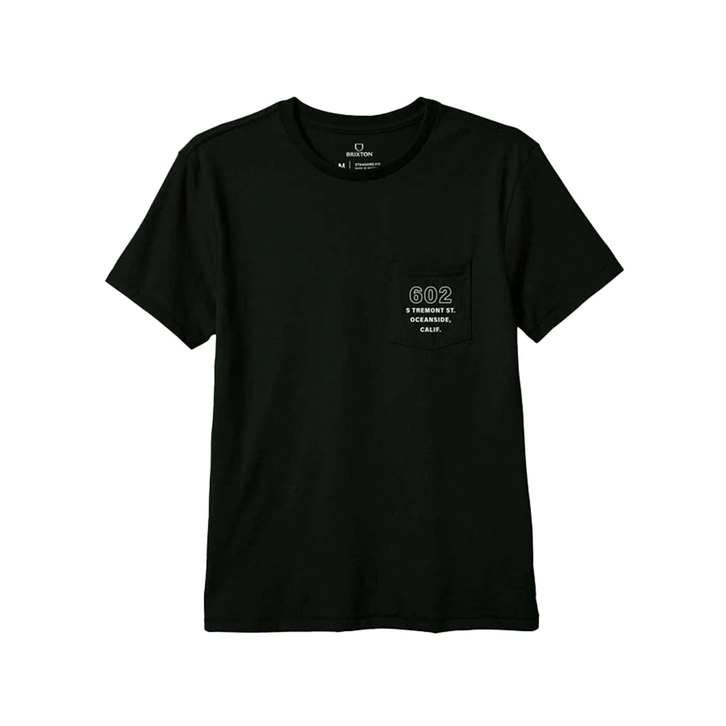 Black t-shirt with a pocket and text on a white background