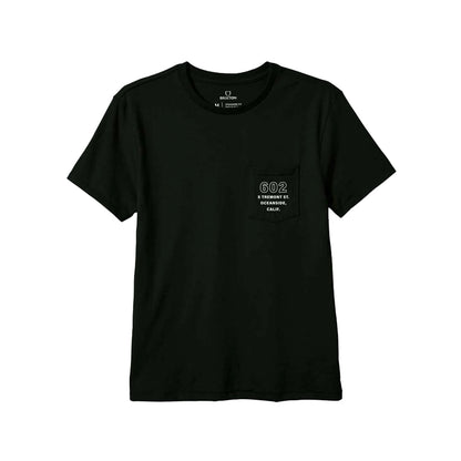 Black t-shirt with a pocket and text on a white background