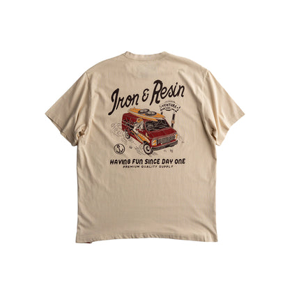 Beige t-shirt with graphic design and text on a white background
