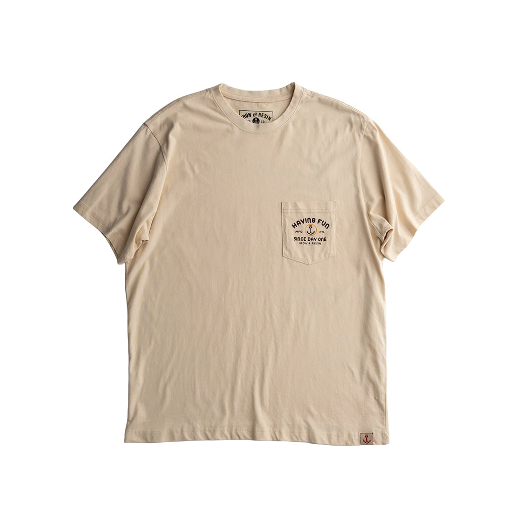 Beige t-shirt with a pocket and graphic on a white background