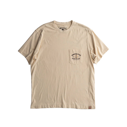 Beige t-shirt with a pocket and graphic on a white background