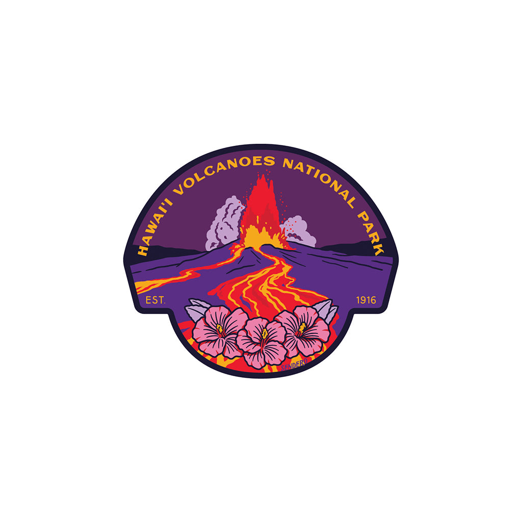 Hawaii Volcanoes National Park logo with volcano and flowers on a white background