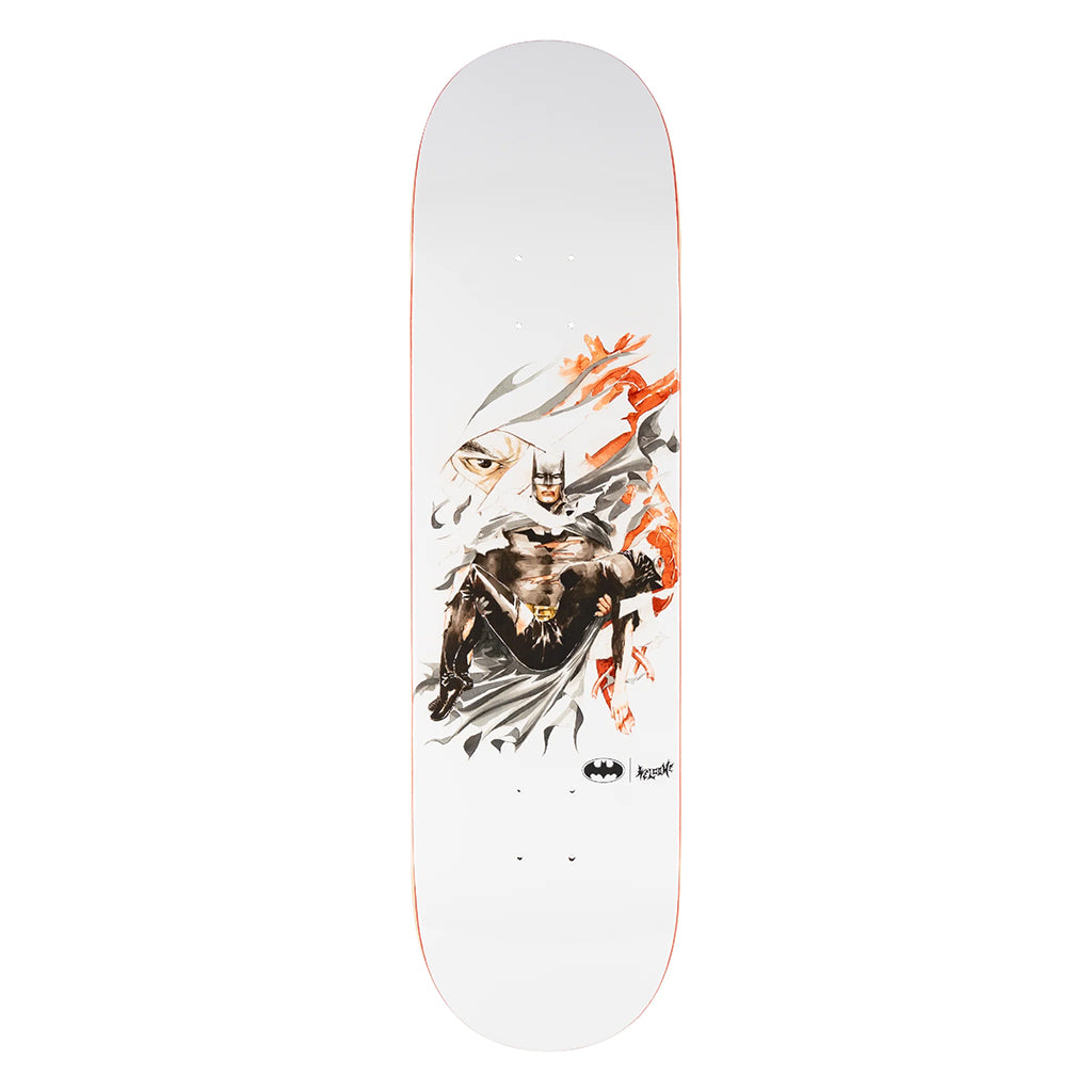Skateboard deck with a superhero design on a white background