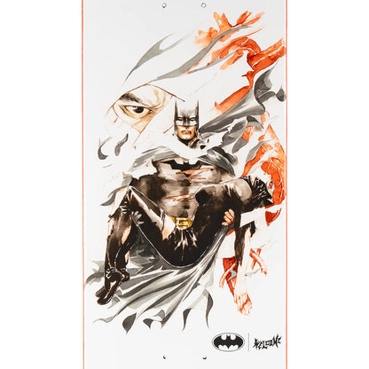 Artistic depiction of a superhero in a dynamic pose with flames in the background