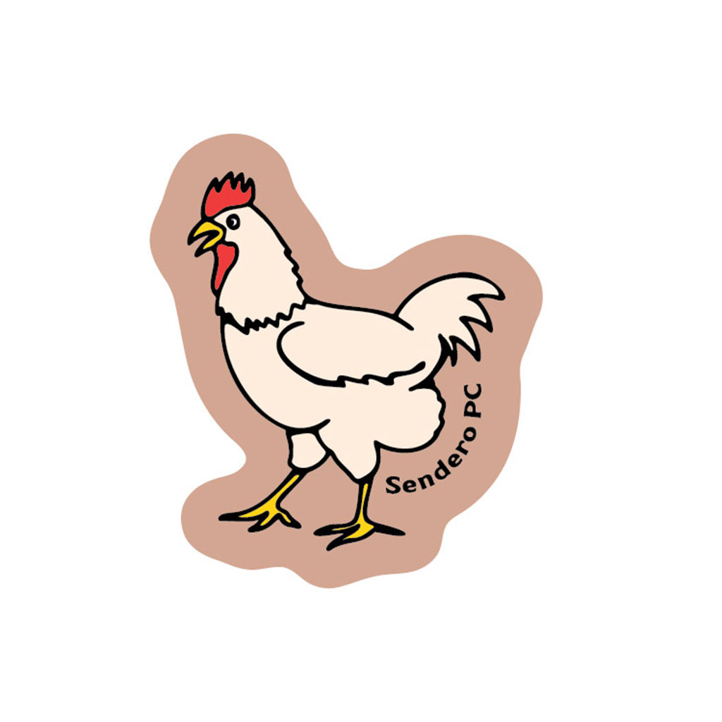 Sticker of a rooster with 'Sendero PC' branding on a white background