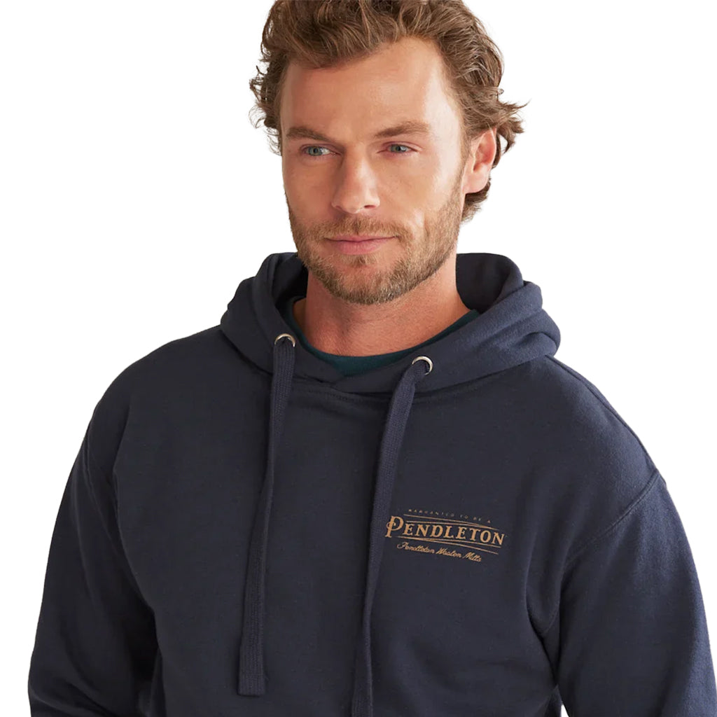 Man wearing a navy blue hoodie with Pendleton logo on a white background