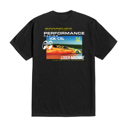 Black t-shirt with racing graphic and text on a white background
