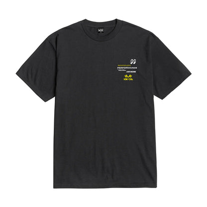 Black t-shirt with logos on a white background