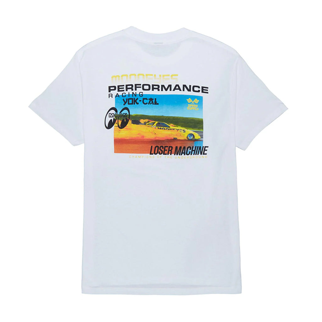 White t-shirt with a graphic of a car and text on the back, on a white background