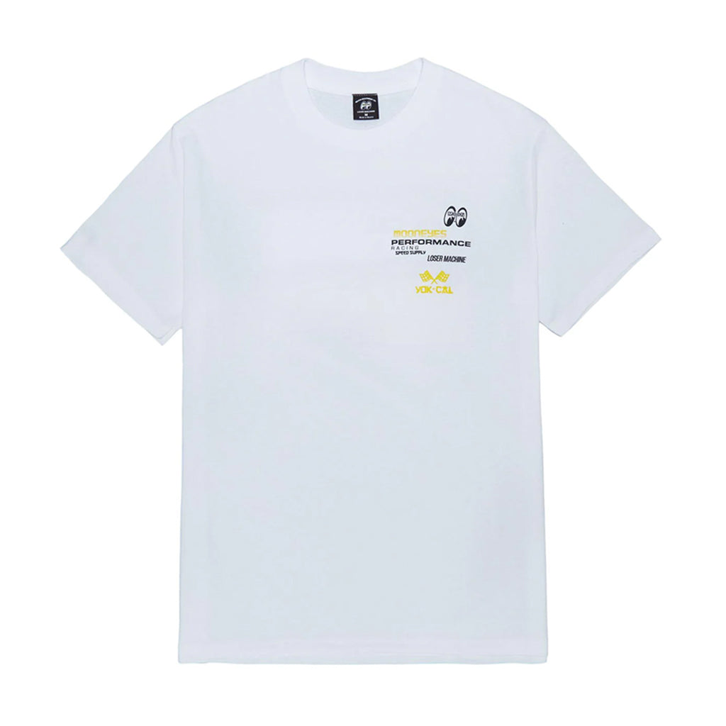 White t-shirt with logos on the back against a white background