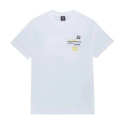 White t-shirt with logos on the back against a white background