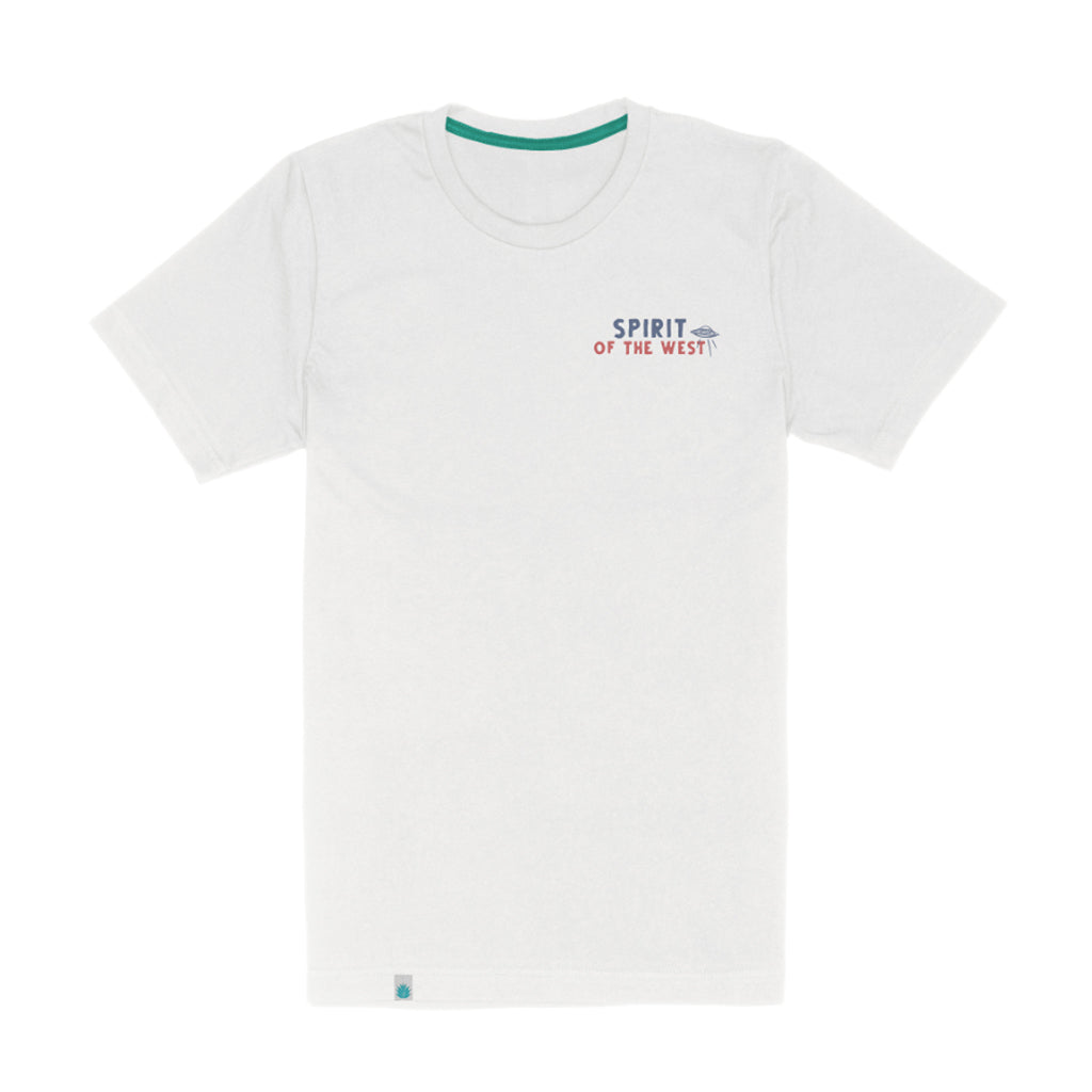 White t-shirt with 'Spirit of the West' text on a white background