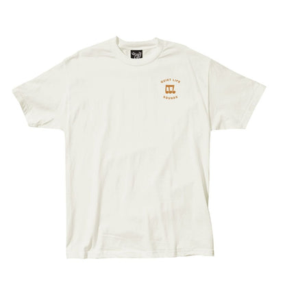 White t-shirt with a small logo on a white background