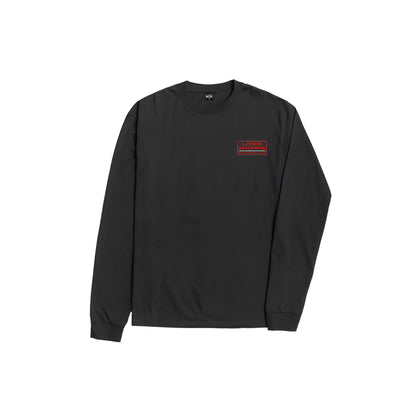 Black long-sleeve shirt with a red and white logo on a white background