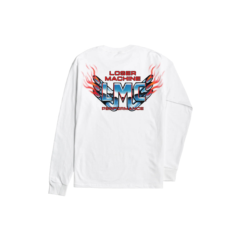 White long-sleeve shirt with 'Loser Machine' logo on a white background