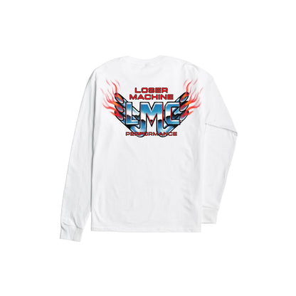 White long-sleeve shirt with 'Loser Machine' logo on a white background
