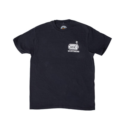 Black t-shirt with a logo on the chest against a white background