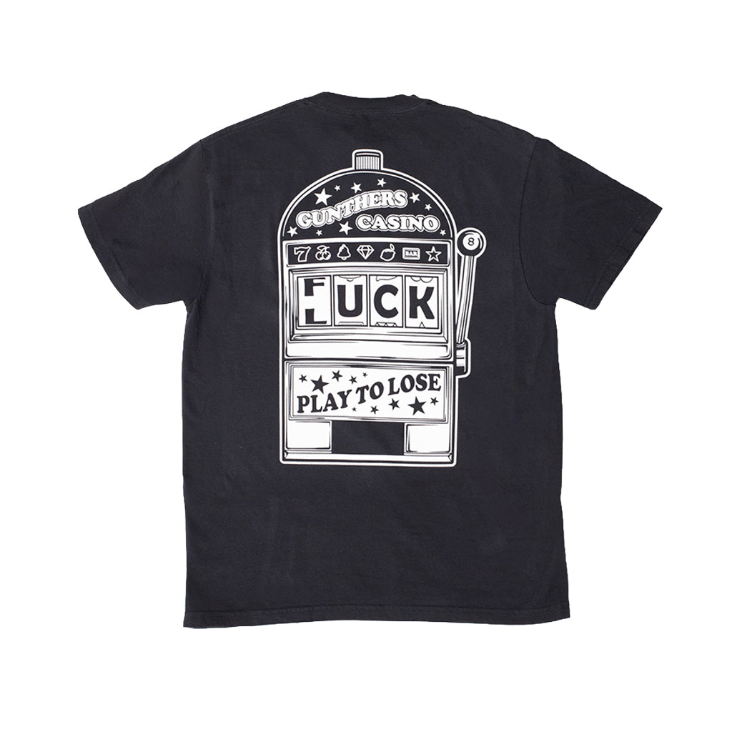 Black t-shirt with a slot machine graphic on a white backdrop