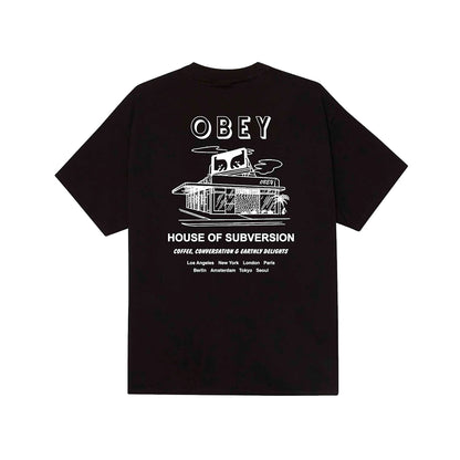 Black t-shirt with white graphic and 'Obey' branding on a light gray background