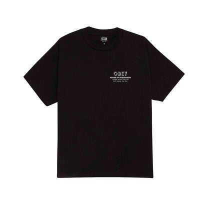 Black t-shirt with 'OBEY' logo on a light gray background