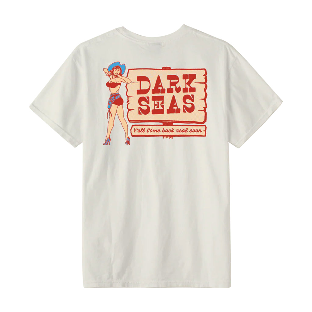 White t-shirt with 'Dark Seas' graphic on the back featuring a vintage-style design.