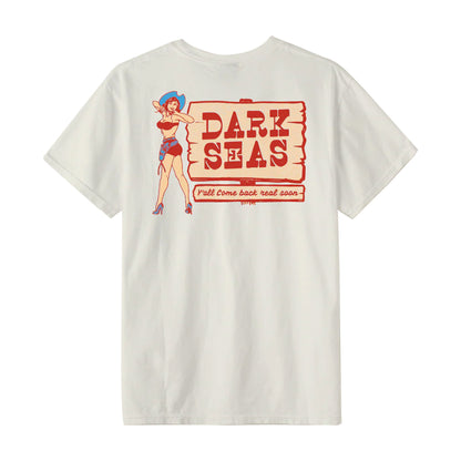 White t-shirt with 'Dark Seas' graphic on the back featuring a vintage-style design.