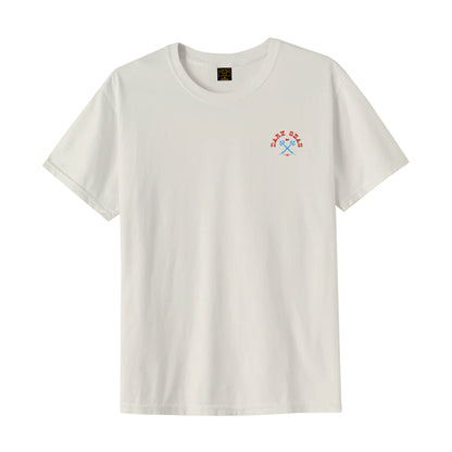 White t-shirt with a small colorful logo on a white background