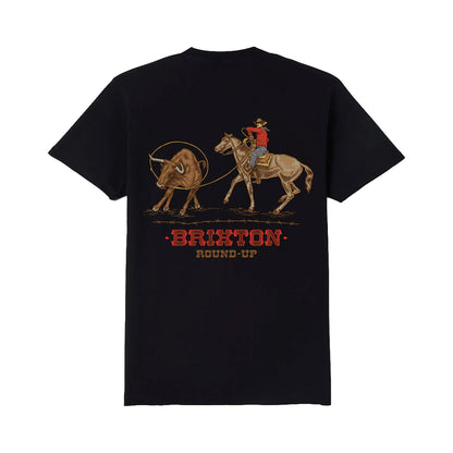 Black t-shirt with a graphic of a cowboy and bull and 'Brixton Round-Up' text on a white background