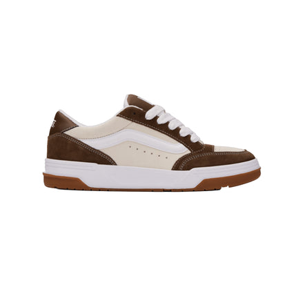 Brown and beige sneaker with white laces on a white background