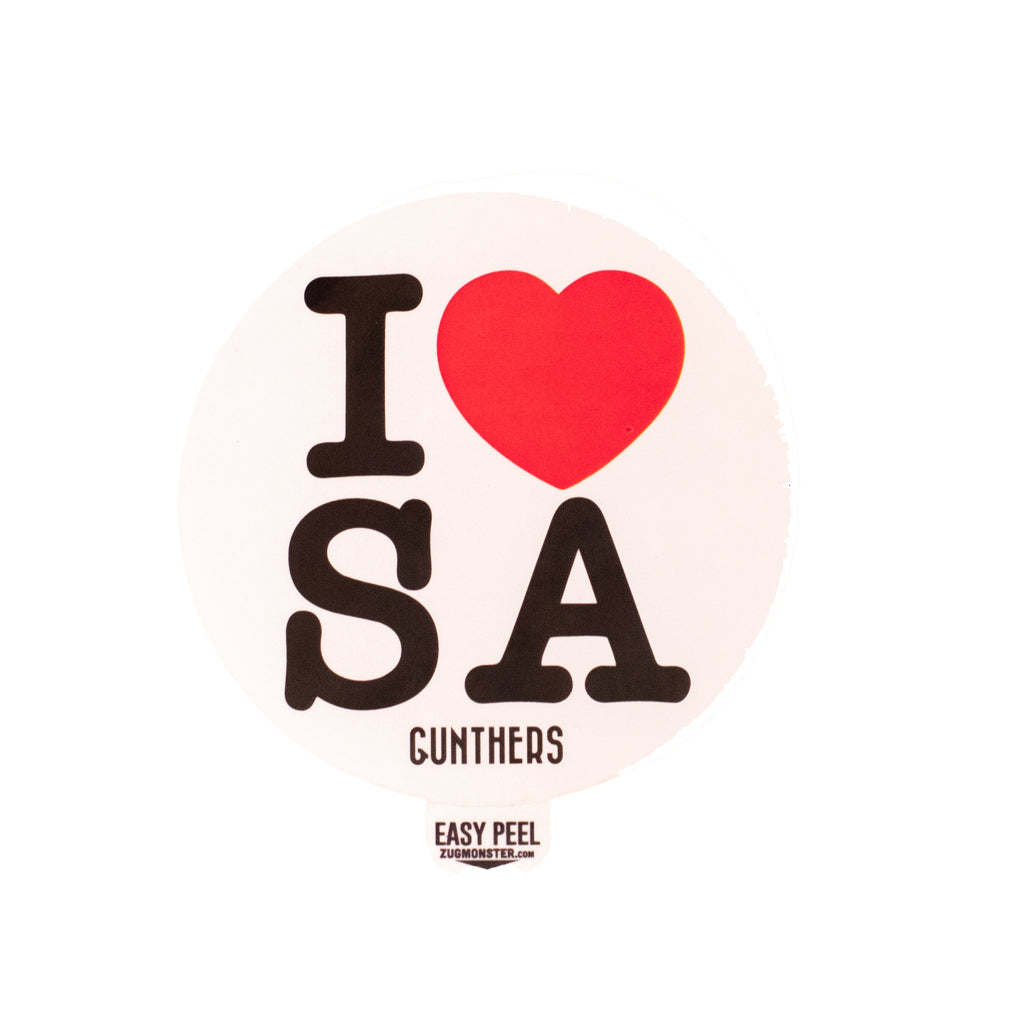 Sticker with 'I ❤️ SA' text and a red heart on a white background