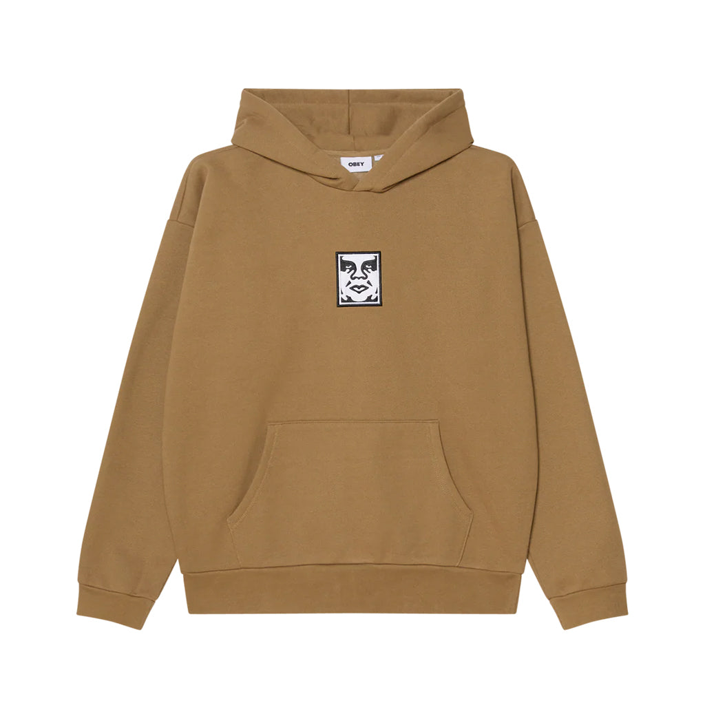 Brown hoodie with a graphic on the chest against a white background