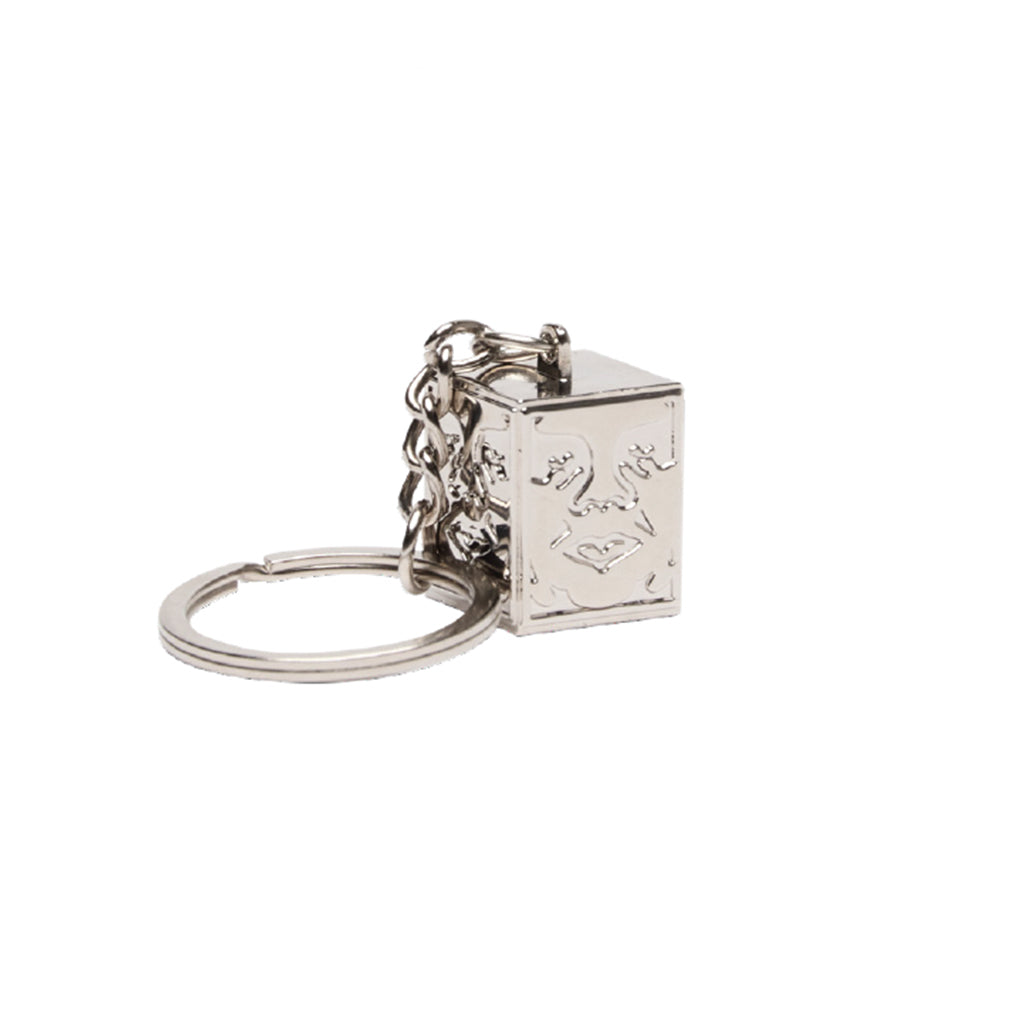 Silver keychain with a small square pendant on a white background