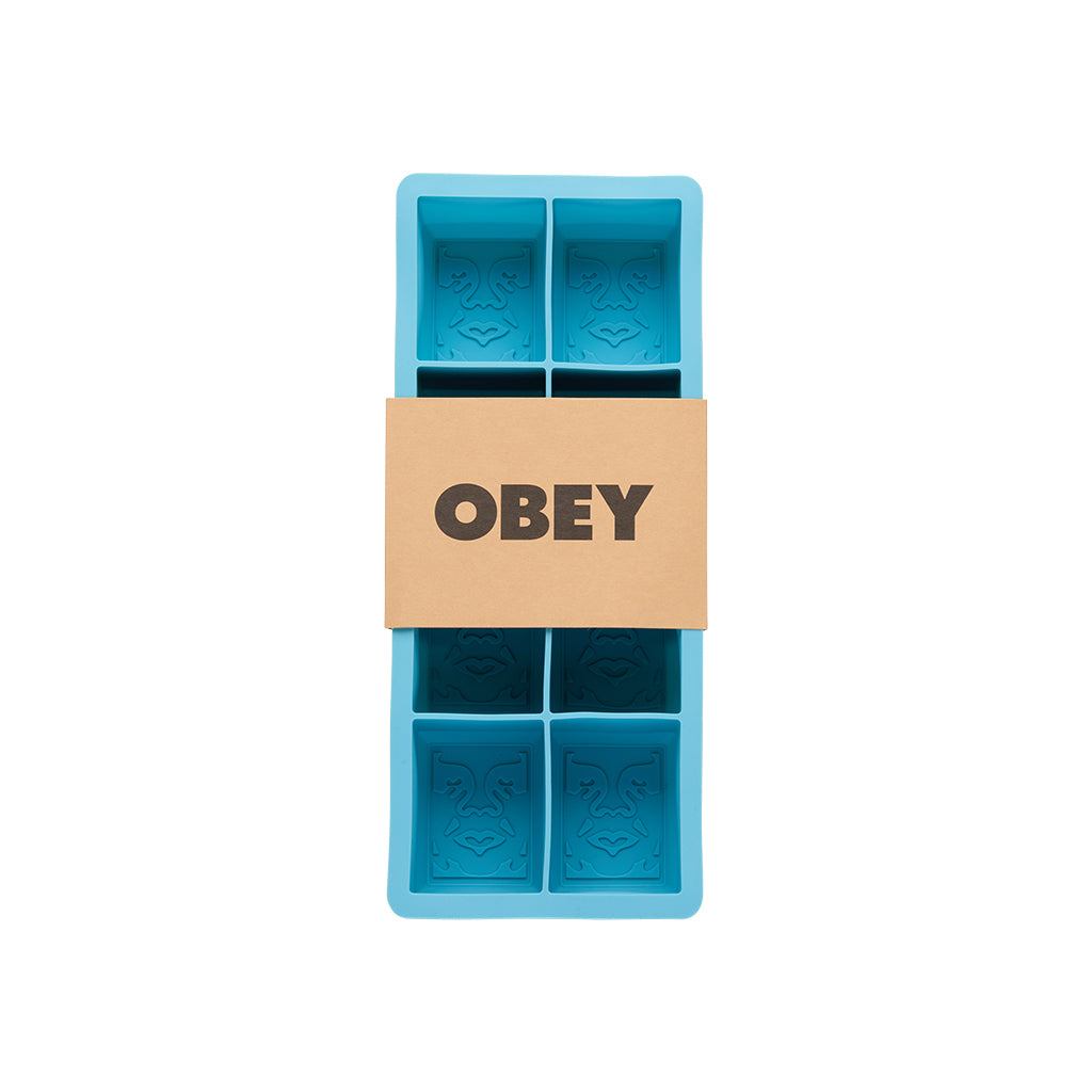 Blue silicone ice cube tray with 'OBEY' branding on a white background