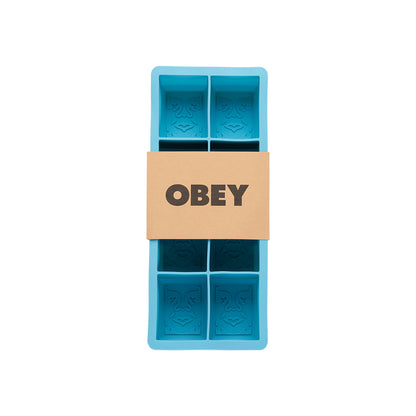 Blue silicone ice cube tray with 'OBEY' branding on a white background