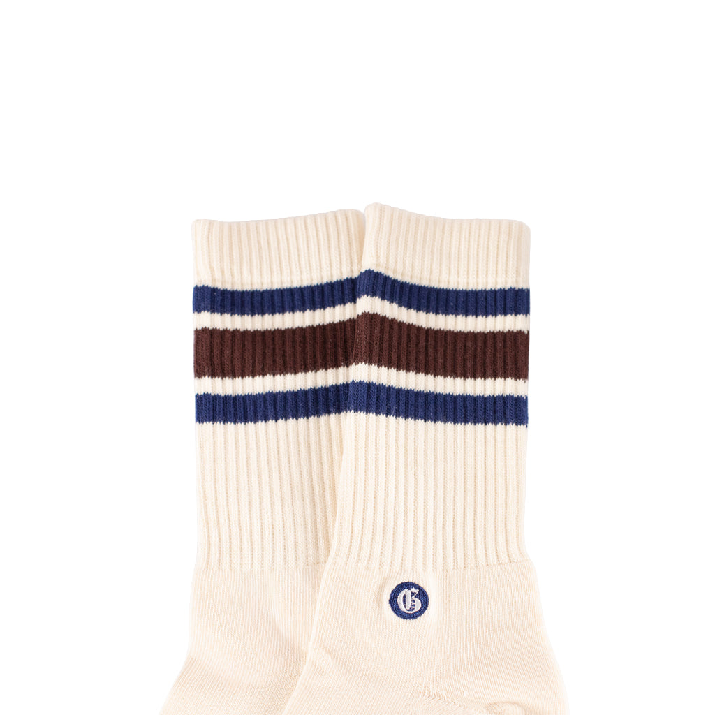 White sock with maroon and blue stripes on a white background