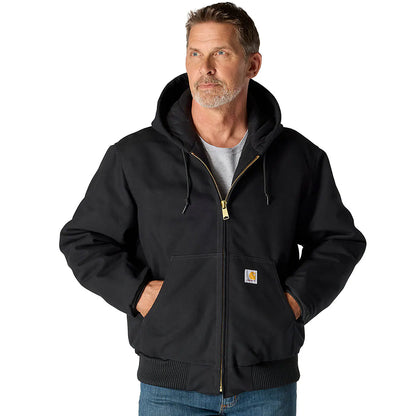 Man wearing a black jacket with a visible brand logo on a white background