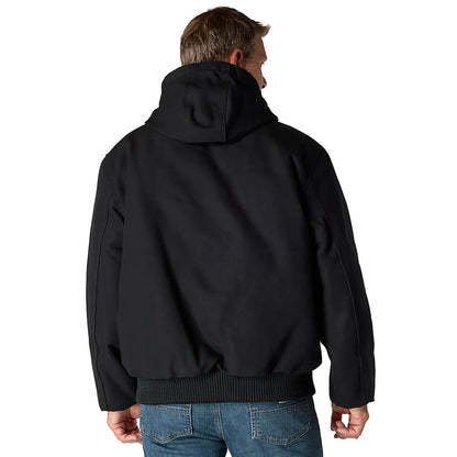 Person wearing a black hoodie from behind on a white background