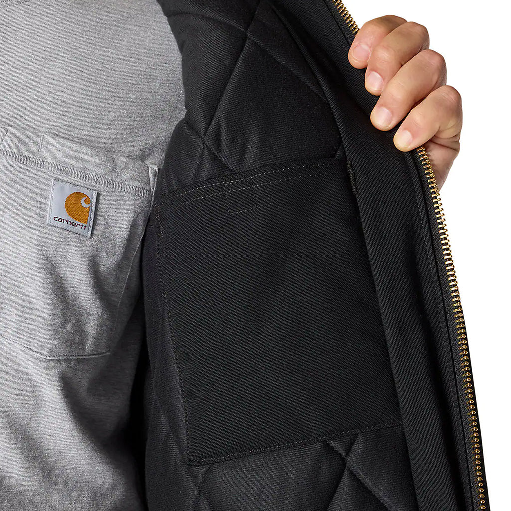 Person wearing a black jacket with Carhartt logo on a gray background