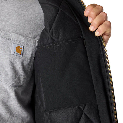 Person wearing a black jacket with Carhartt logo on a gray background