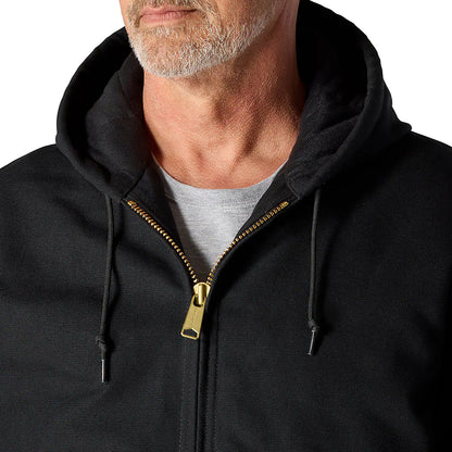 Black hoodie with gold zipper worn by a person on a white background